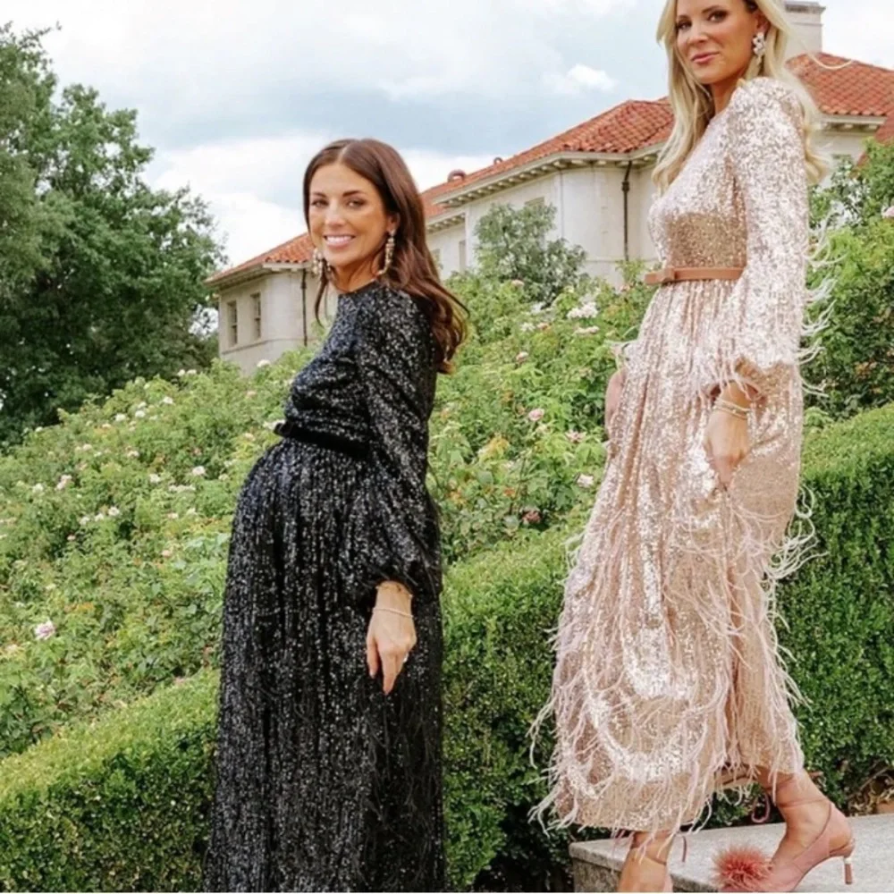 NWOT Antonio Melani x Nicola Bathie Sequin Crew Neck Long Sleeve Feather Dress - Picture 6 of 11
